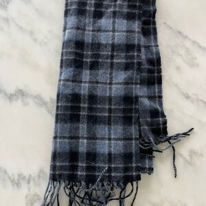 Alan Flusser Blue and Black Plaid Cashmere Scarf with Fringe